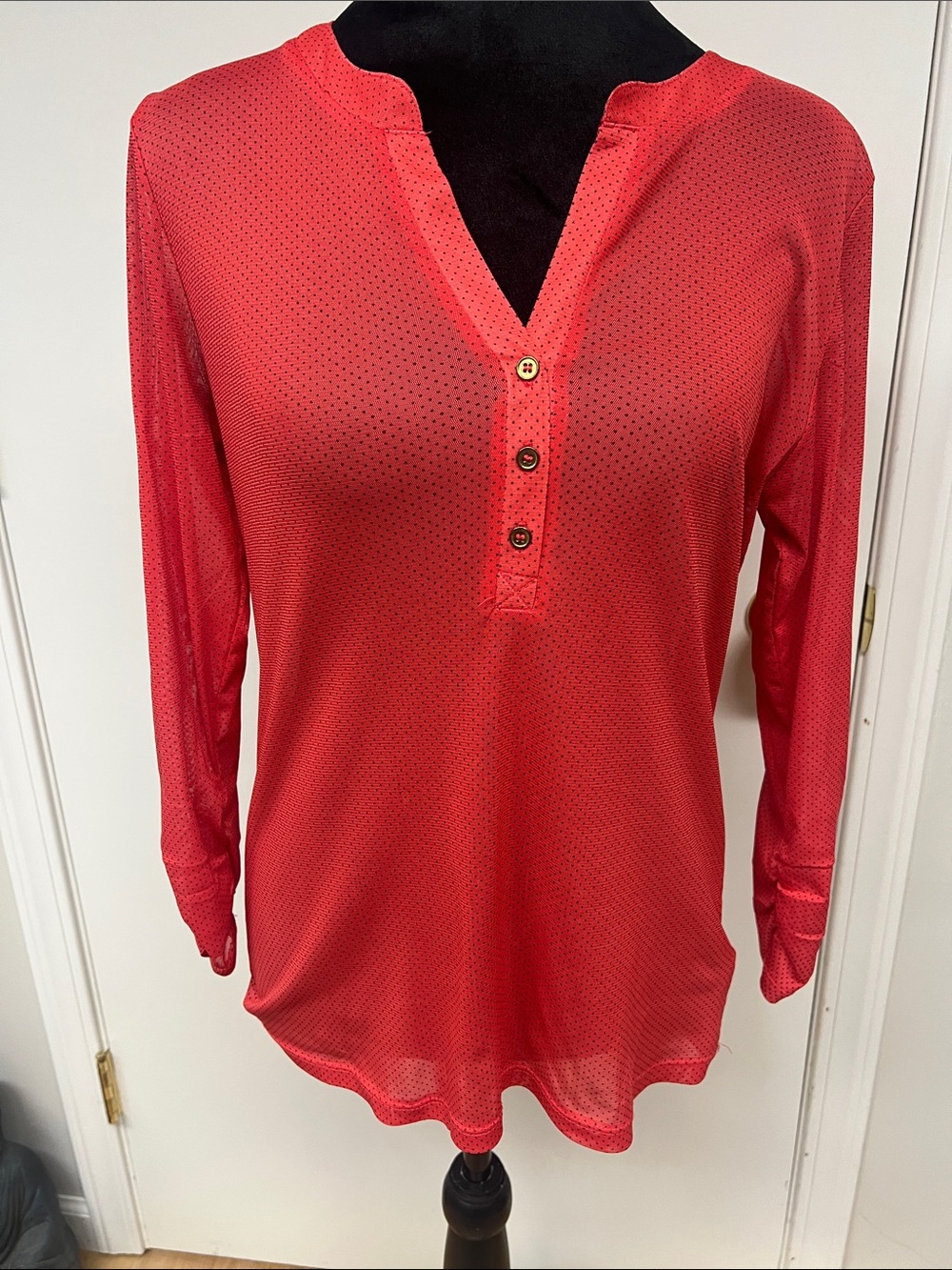 Red Long-Sleeve Sheer V-Neck Button Detail Women’s Top